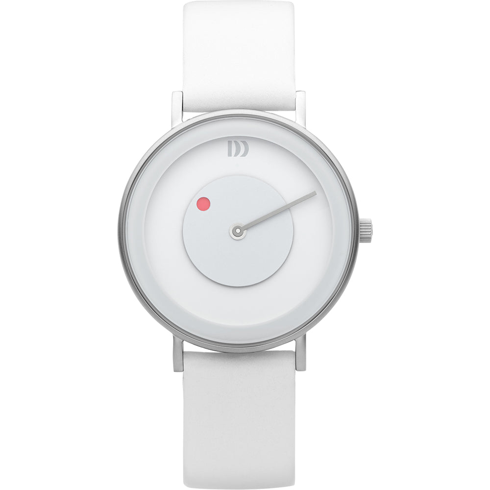 Reloj con esfera blanca, correa de silicona blanca y detalles en plata.