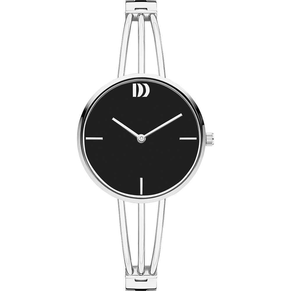Reloj de esfera negra con correa plateada y diseño minimalista de dos brazos.