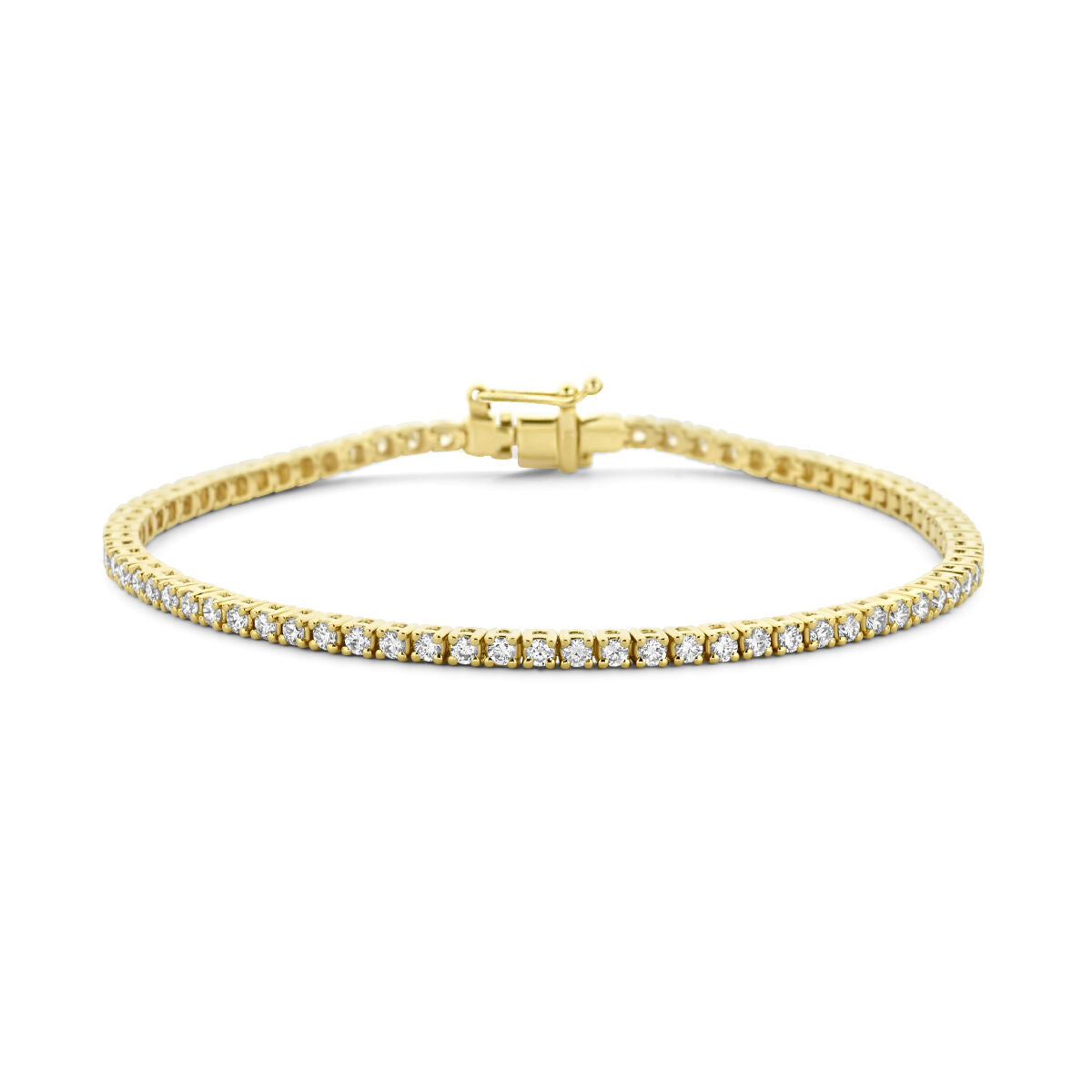 Pulsera de tenis de oro amarillo de 14K con diamantes de 2.00 ct, 2.3 mm de ancho y 17.5 cm de largo.