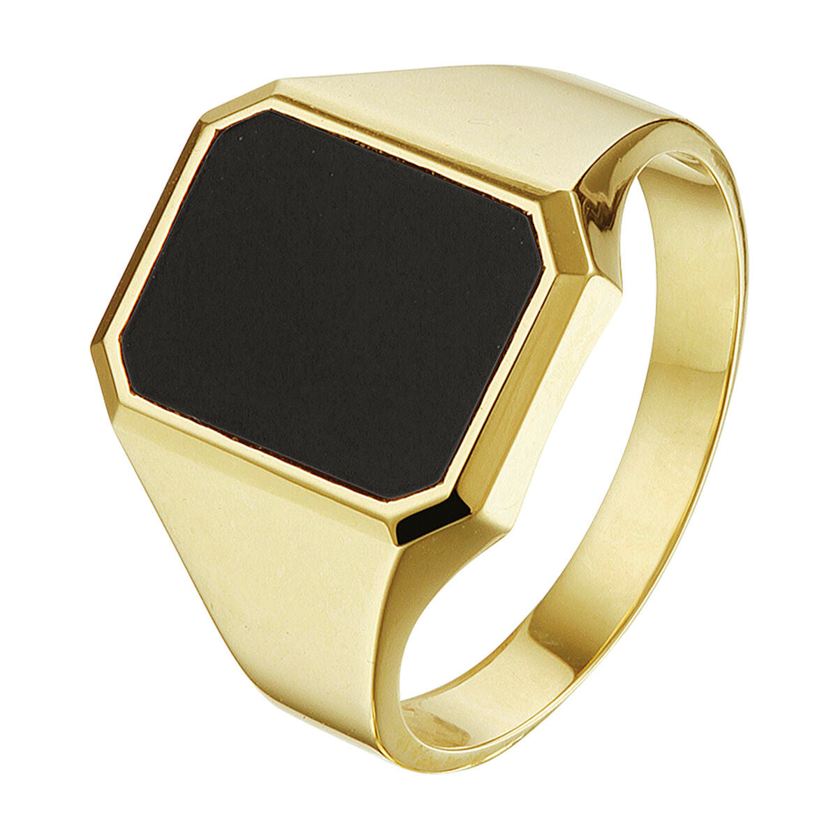 Anillo de sello de ónice macizo en oro amarillo de 14 quilates, con forma hexagonal.