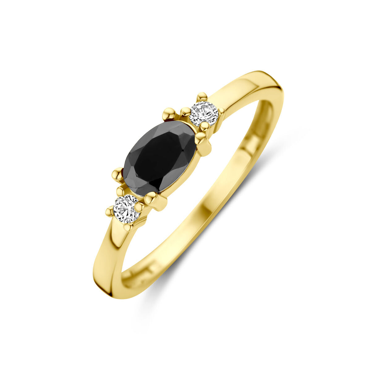 Anillo de oro amarillo de 14K con zirconias negras y blancas, forma ovalada.