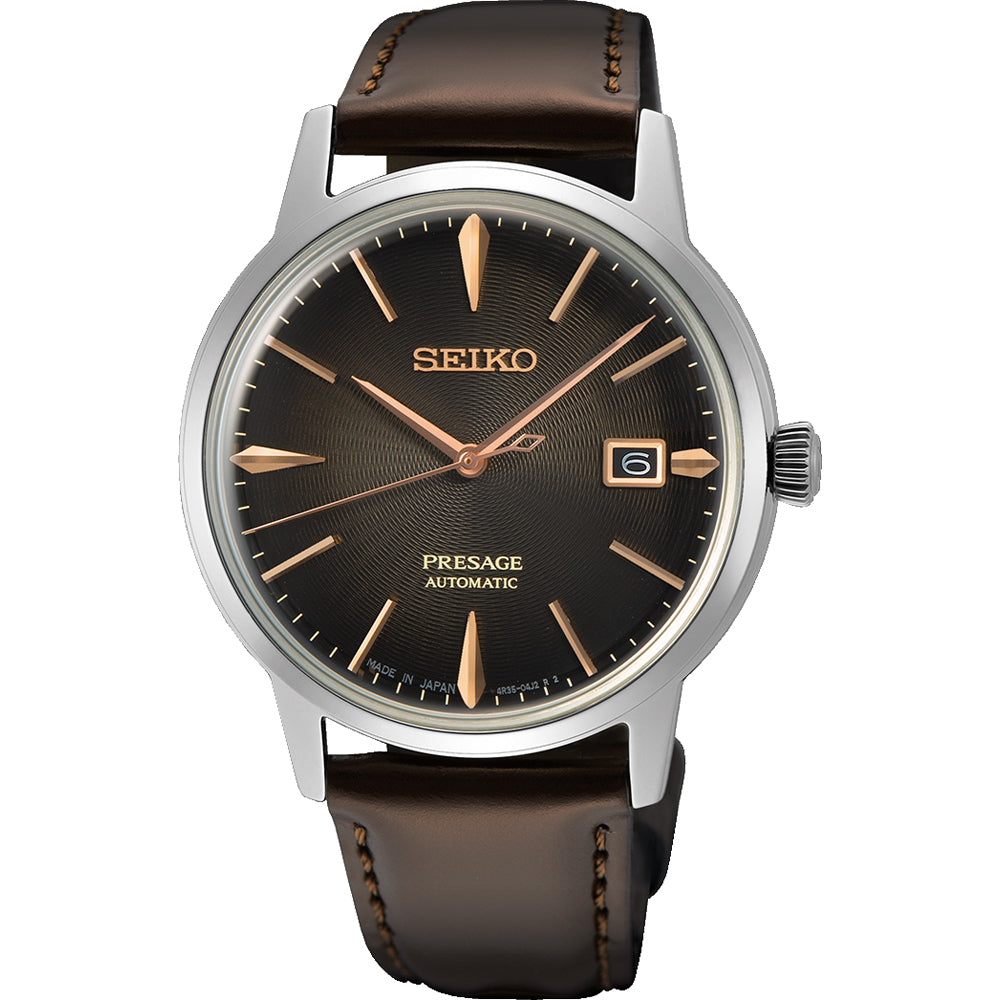 Reloj para hombre Seiko Presage con esfera marrón, caja de acero inoxidable y correa de cuero marrón.