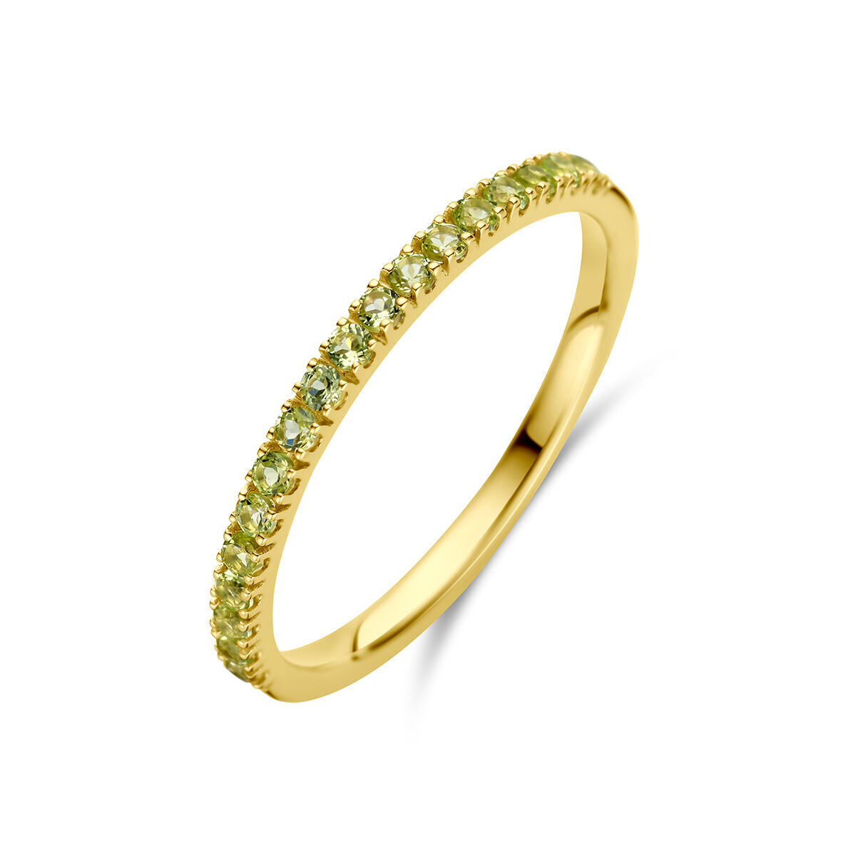 Anillo de oro amarillo de 14K con piedras preciosas de peridoto en el contorno.
