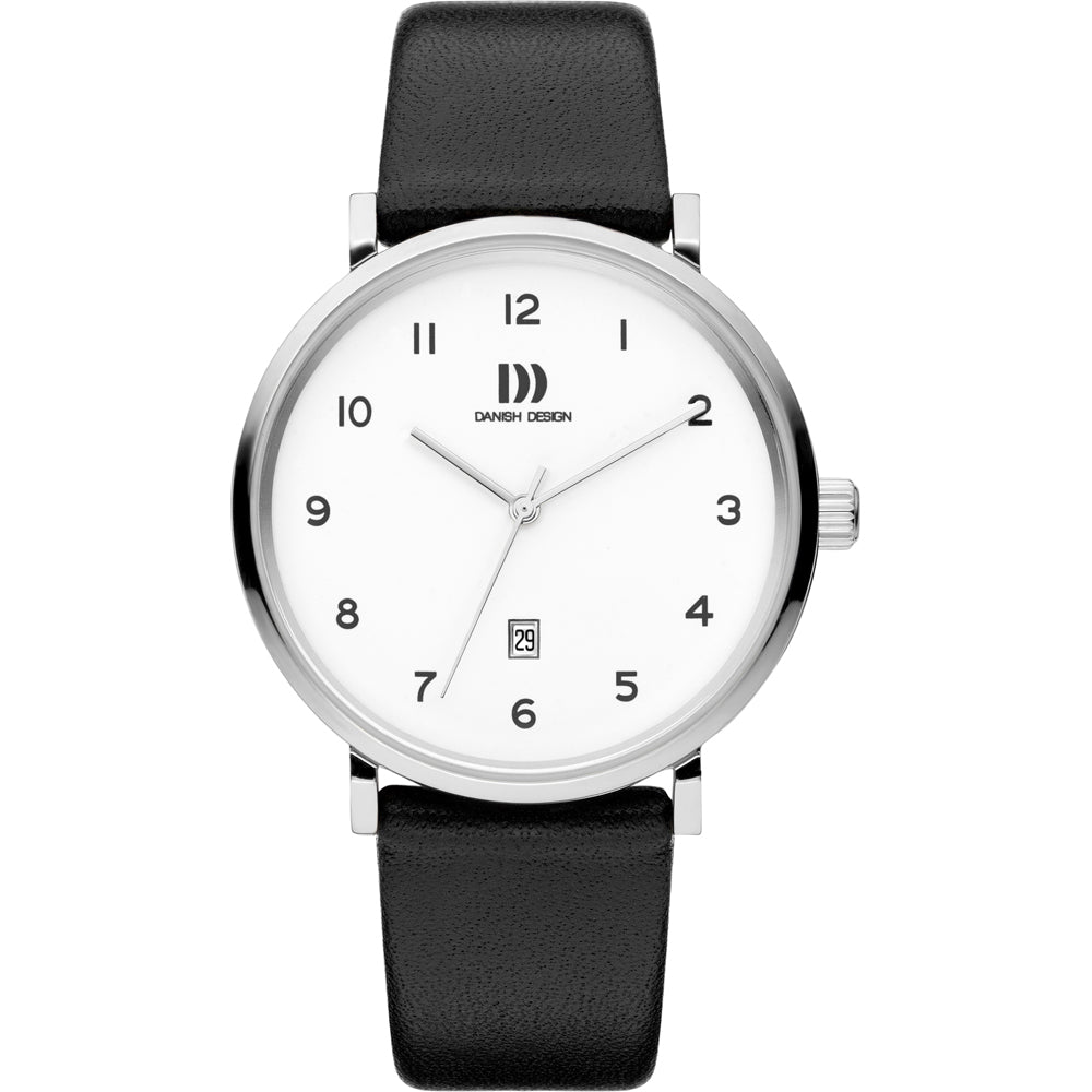 Reloj con esfera blanca, correa de cuero negra y caja de acero inoxidable.