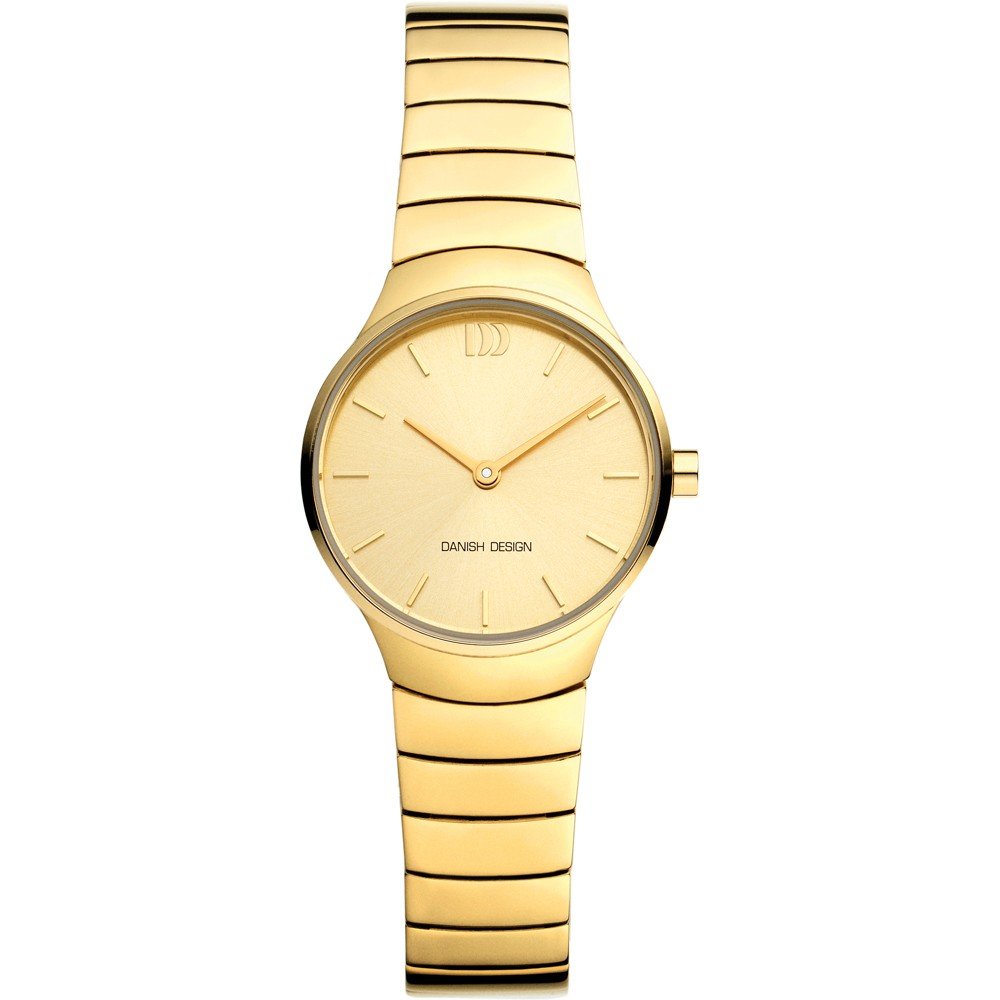 Reloj de esfera dorada con correa de metal dorado y diseño minimalista.