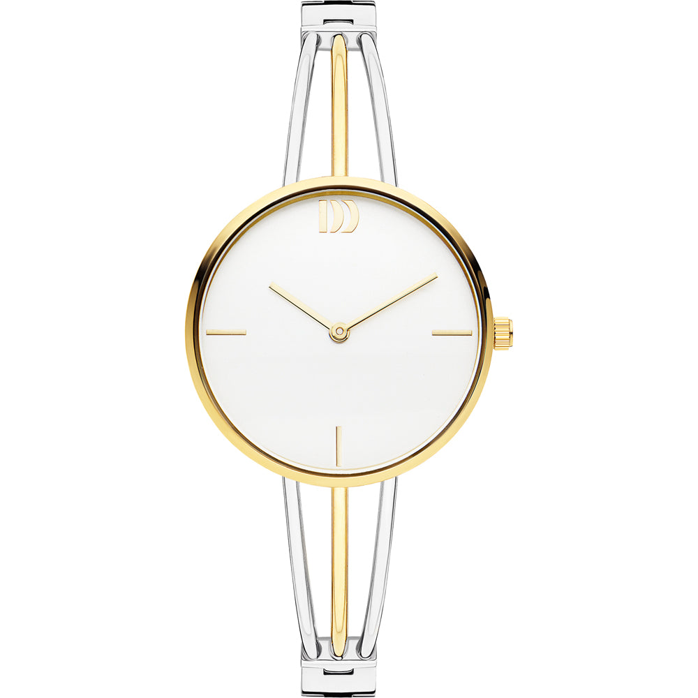 Reloj con esfera blanca, caja dorada y correa de acero inoxidable bicolor.