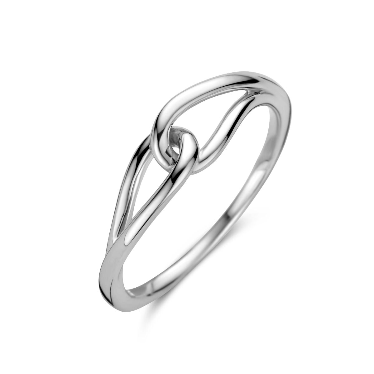 Anillo de plata rodiada con diseño entrelazado y acabado pulido.