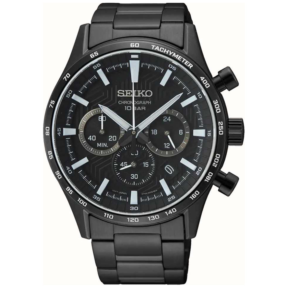 Reloj de hombre Seiko con caja negra, esfera con textura, cronógrafo y correa de acero inoxidable.