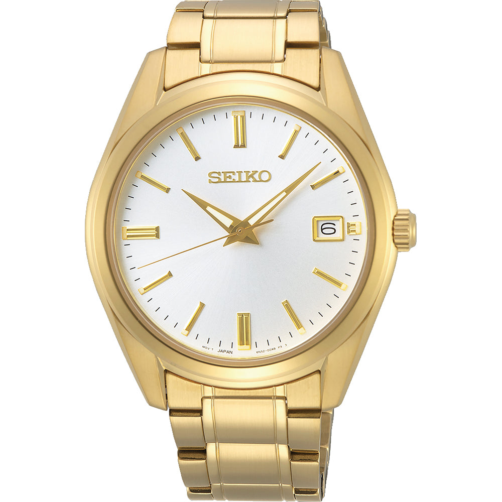 Reloj de hombre Seiko con caja dorada, esfera blanca, manecillas doradas y correa de metal dorado.