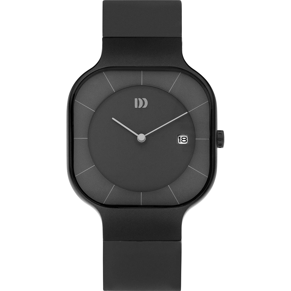 Reloj cuadrado negro con correa de silicona, esfera minimalista y detalle de fecha.
