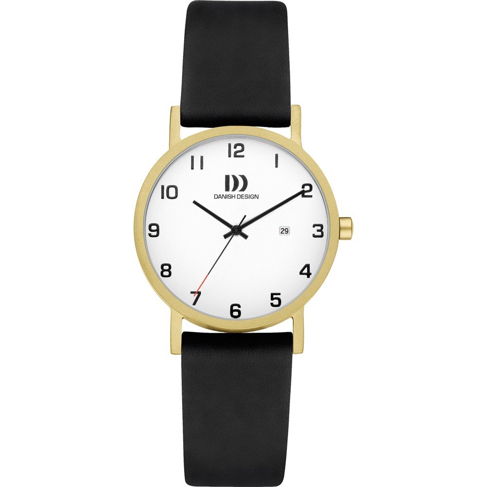 Reloj con esfera blanca, caja dorada y correa negra de cuero.