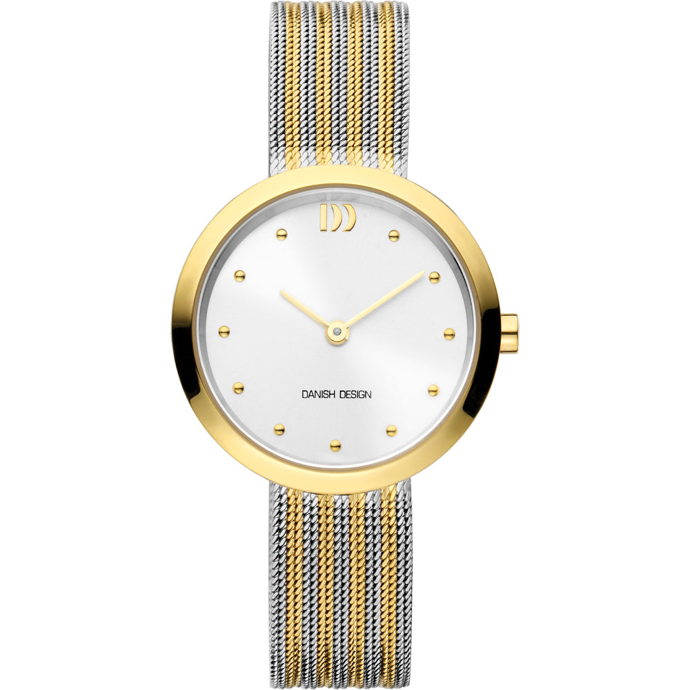 Reloj con esfera blanca, caja dorada y correa de malla bicolor en dorado y plateado.