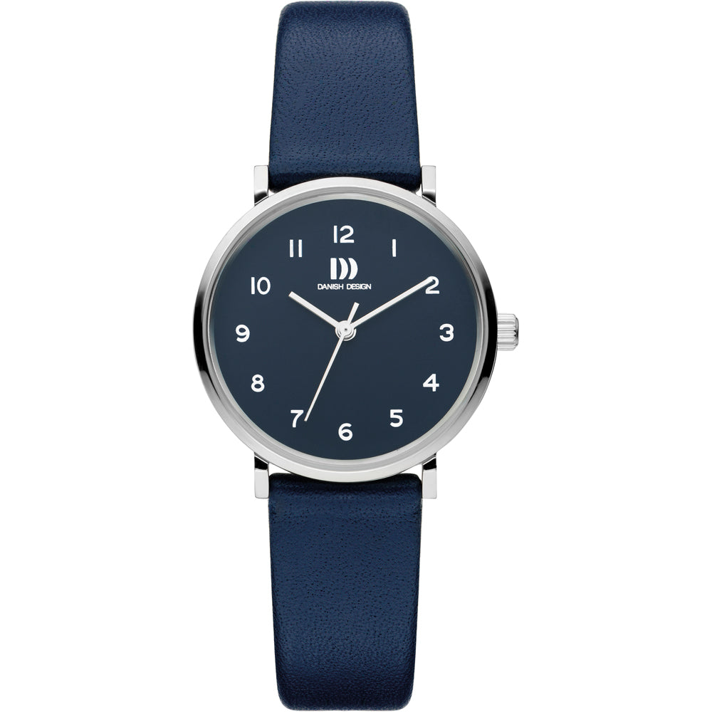 Reloj con esfera azul y correa de cuero sintético azul, detalle de números en blanco.