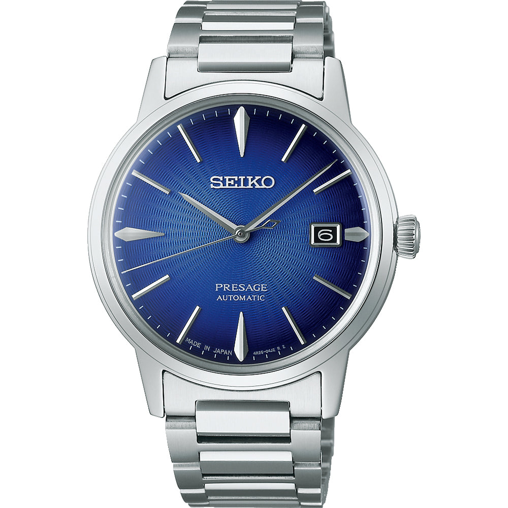 Reloj de hombre Seiko Presage con esfera azul, caja de acero inoxidable y correa de acero.