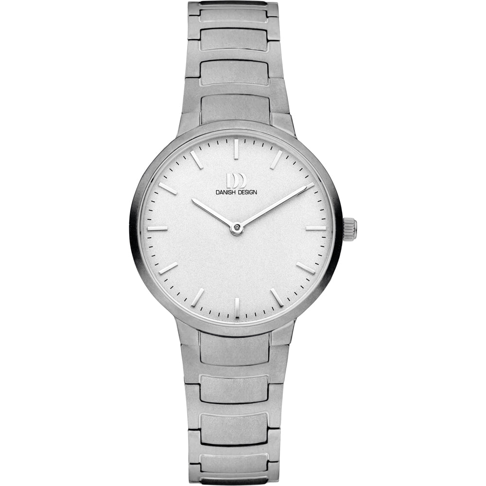 Reloj de acero inoxidable con esfera blanca y correa de eslabones.