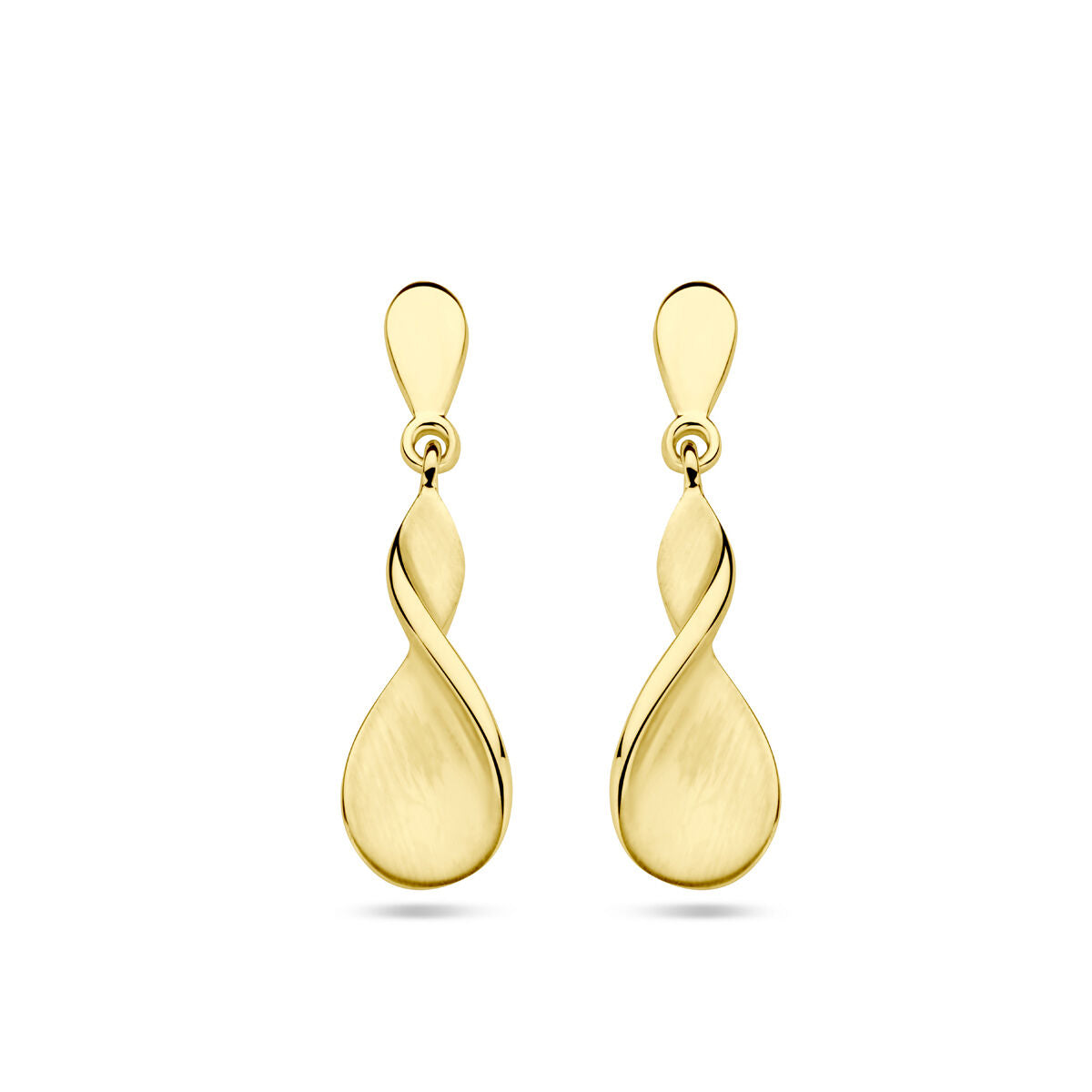 Pendientes largos de oro amarillo de 14 quilates con acabado pulido y mate en forma de gota.