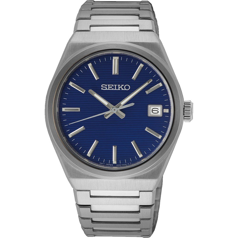 Reloj de hombre Seiko con caja de acero inoxidable, esfera azul y correa de acero.