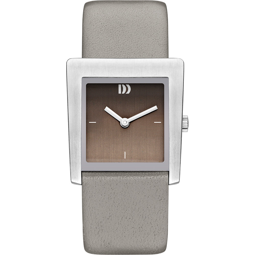 Reloj cuadrado con esfera marrón y correa de cuero gris.