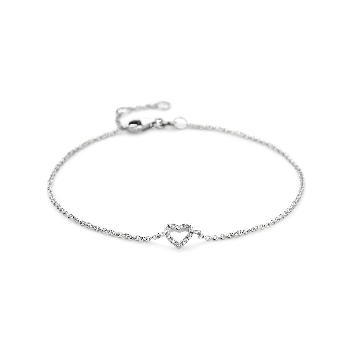 Pulsera de oro blanco de 14K con un corazón y diamantes.