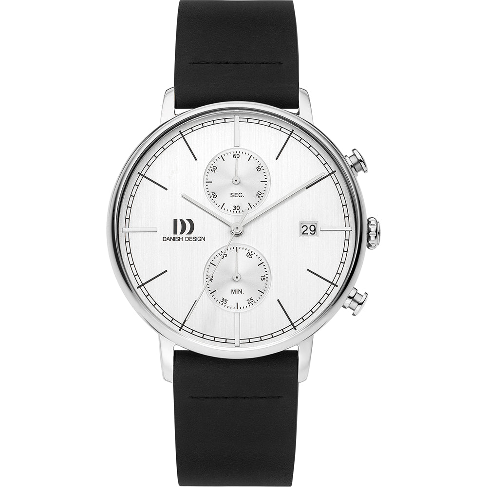 Reloj de esfera plateada con dos subesferas y correa de silicona negra.