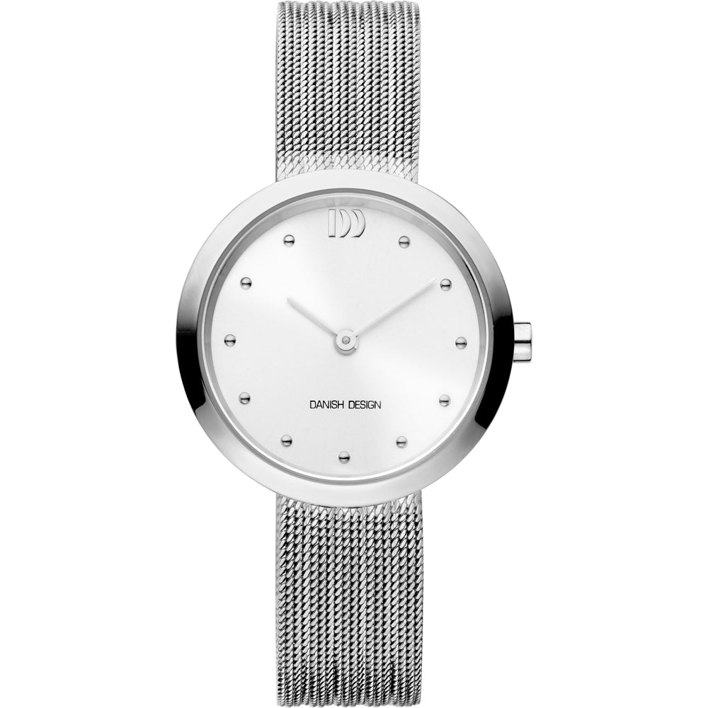 Reloj de esfera plateada con malla de acero inoxidable y detalles en cristales.