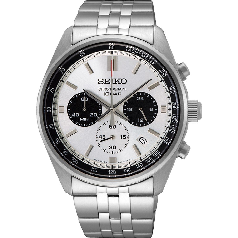 Reloj de hombre Seiko con caja plateada, esfera blanca y detalles en negro, correa de acero inoxidable.