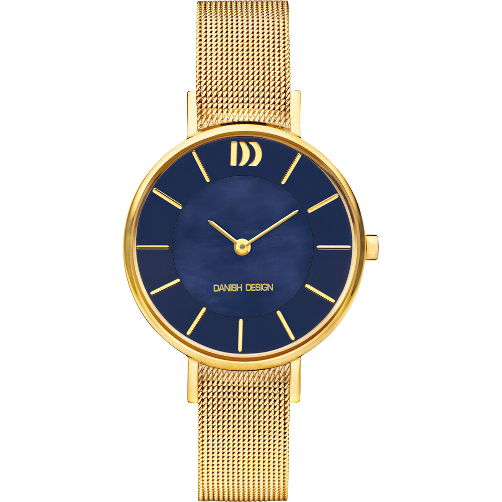 Reloj con esfera azul, caja dorada y correa de malla metálica dorada.