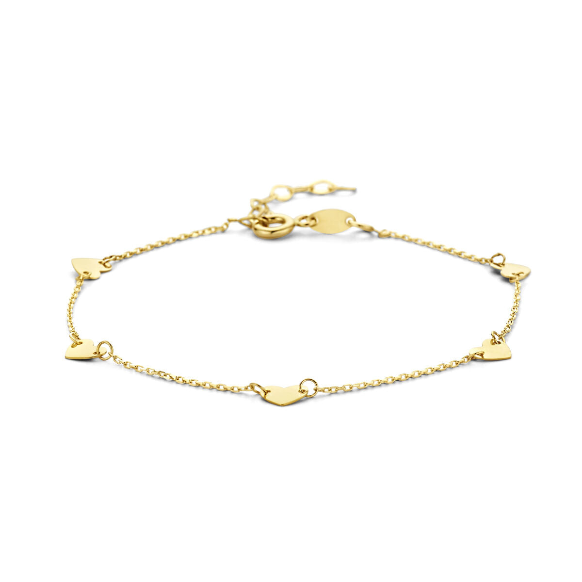 Pulsera dorada de 14K con pequeños corazones en un diseño delicado.