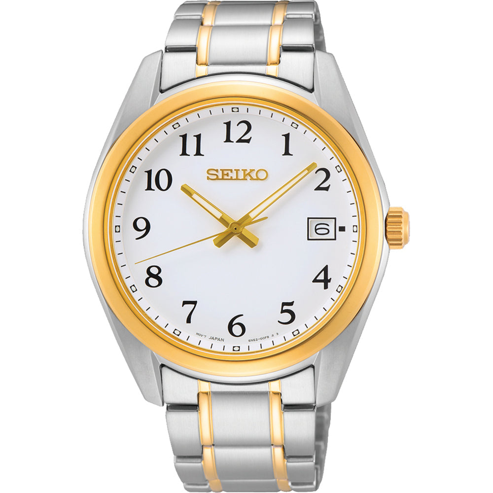 Reloj de hombre Seiko con esfera blanca, caja de acero inoxidable y detalles dorados.