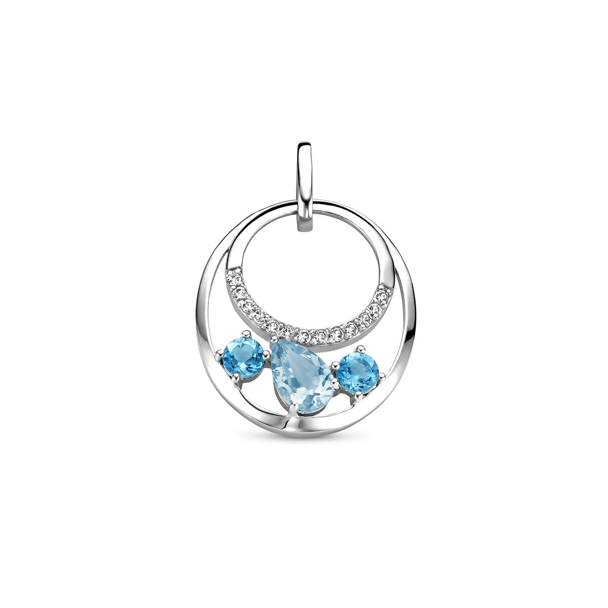 Colgante de plata rodiada con topacios azules y detalles de circonitas.