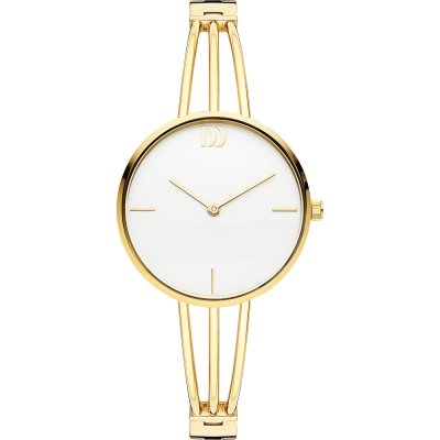 Reloj de esfera blanca con correa dorada y diseño minimalista de tres brazos.