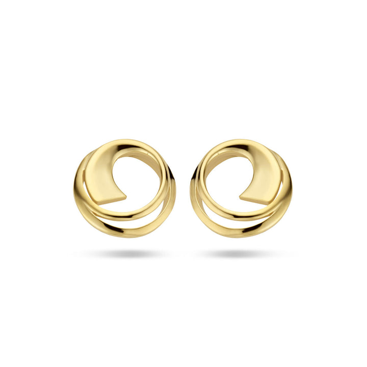 Een paar oorknoppen rondje 14K geelgoud van Van der Kooij Collectie, met een cirkelvormig abstract open swirl design, afgebeeld op een witte achtergrond.
