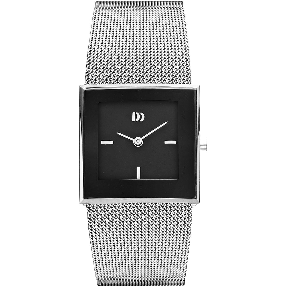 Reloj cuadrado con esfera negra y correa de malla plateada.