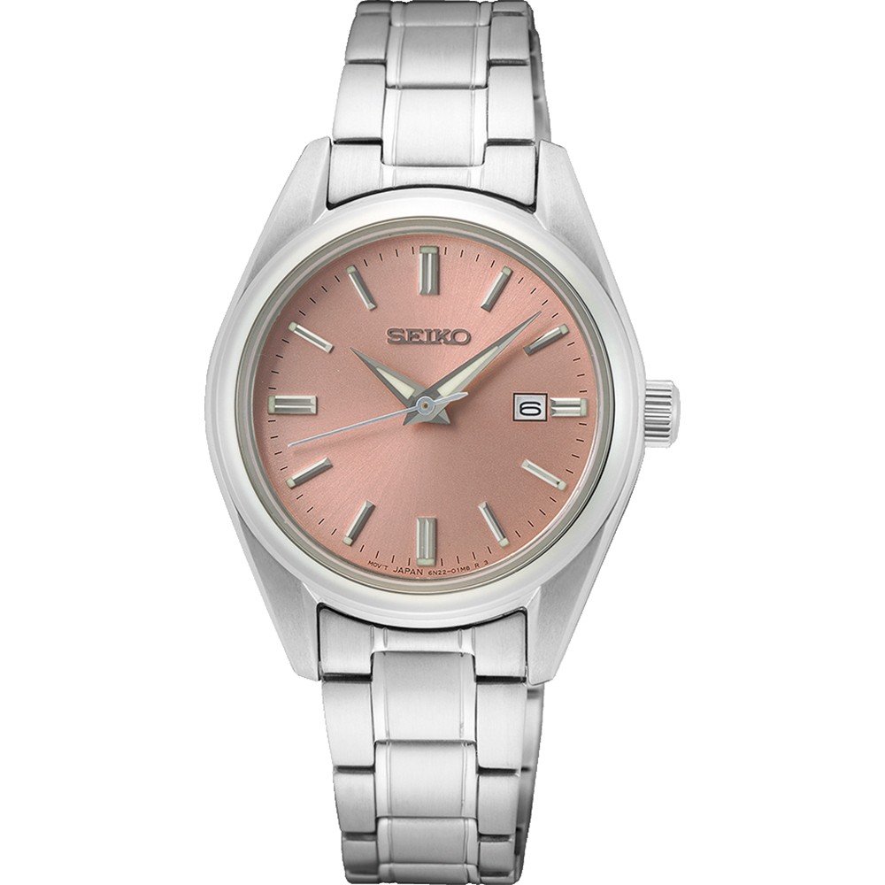 Reloj de mujer Seiko con esfera rosa, caja plateada y pulsera de acero inoxidable.