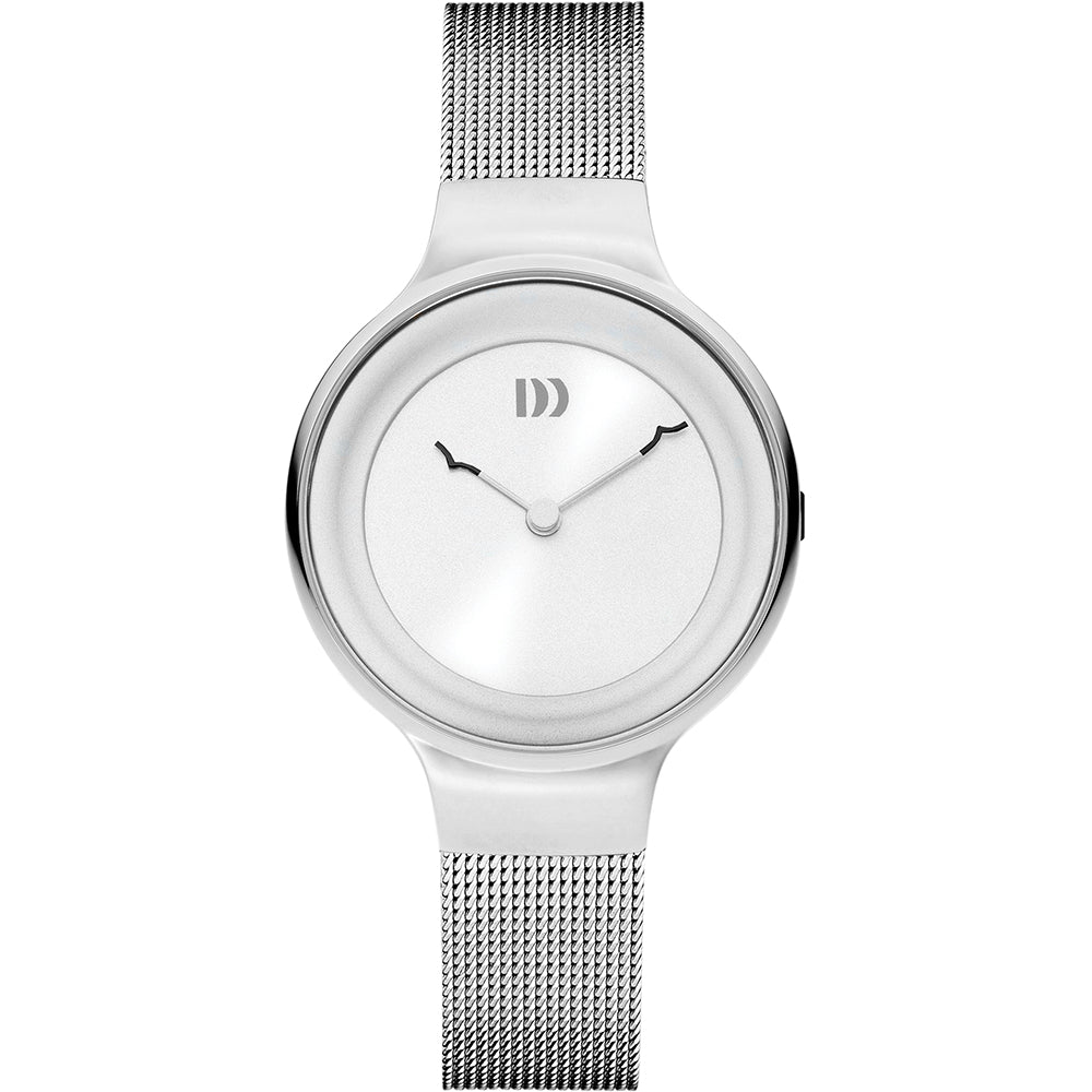 Reloj con esfera blanca y correa de malla plateada, diseño minimalista y moderno.