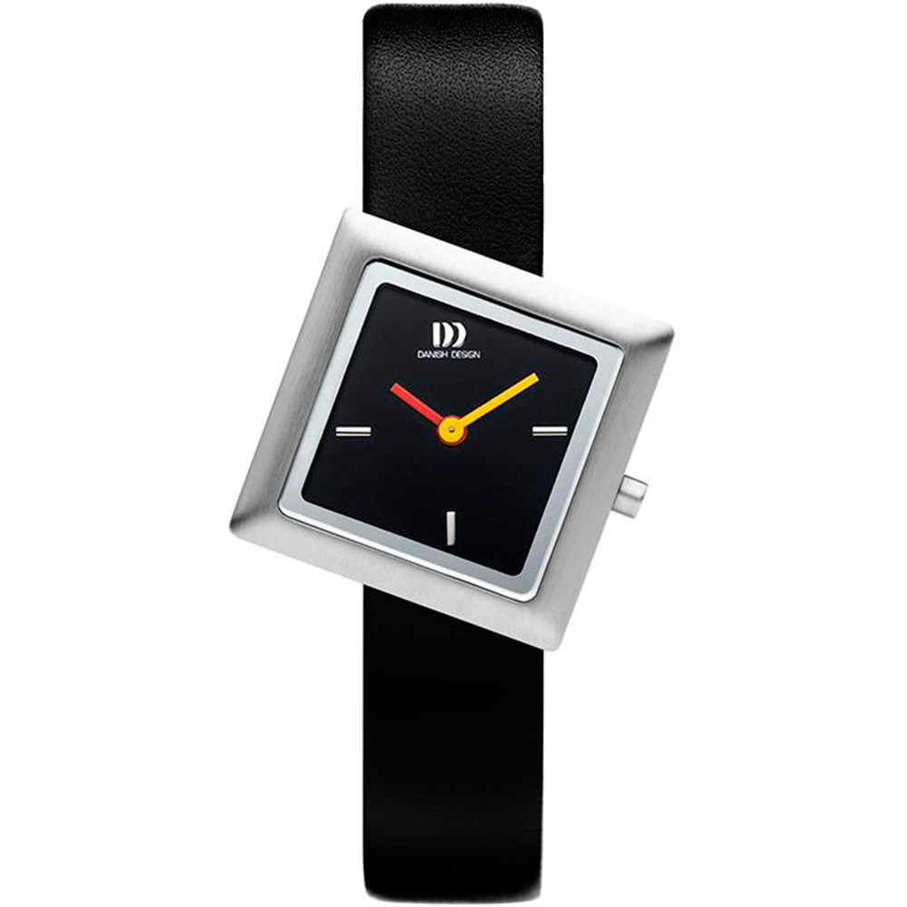 Reloj de dama con esfera negra, caja cuadrada plateada y correa de cuero negra.