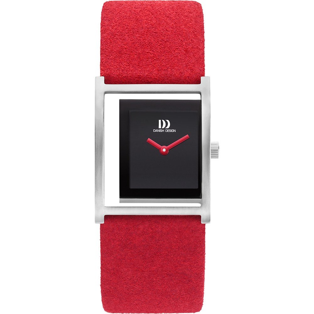 Reloj de mujer con esfera negra, caja cuadrada plateada y correa de ante roja.