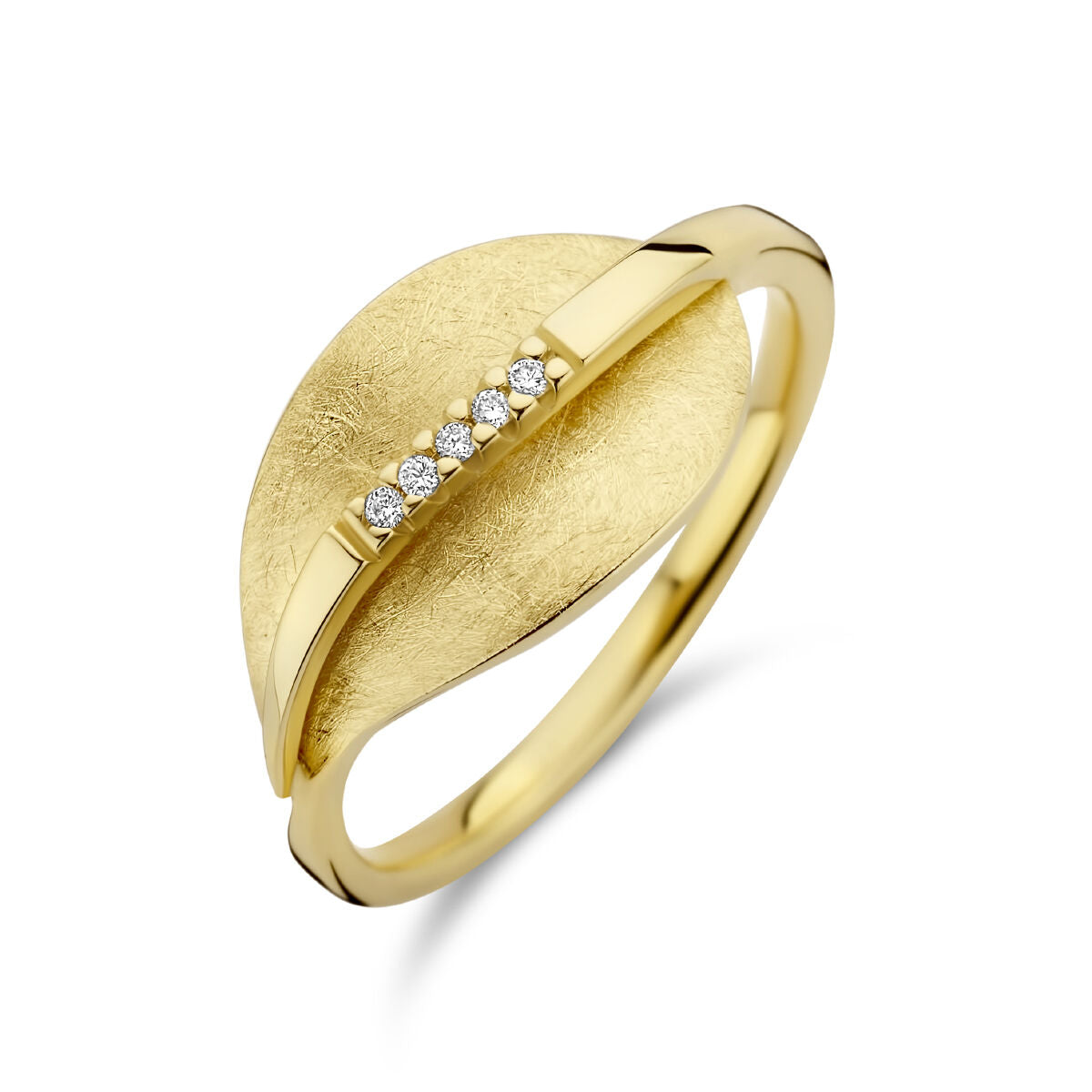 Anillo de oro amarillo con diseño de hoja, acabado texturizado y diamantes de 0.025 ct.