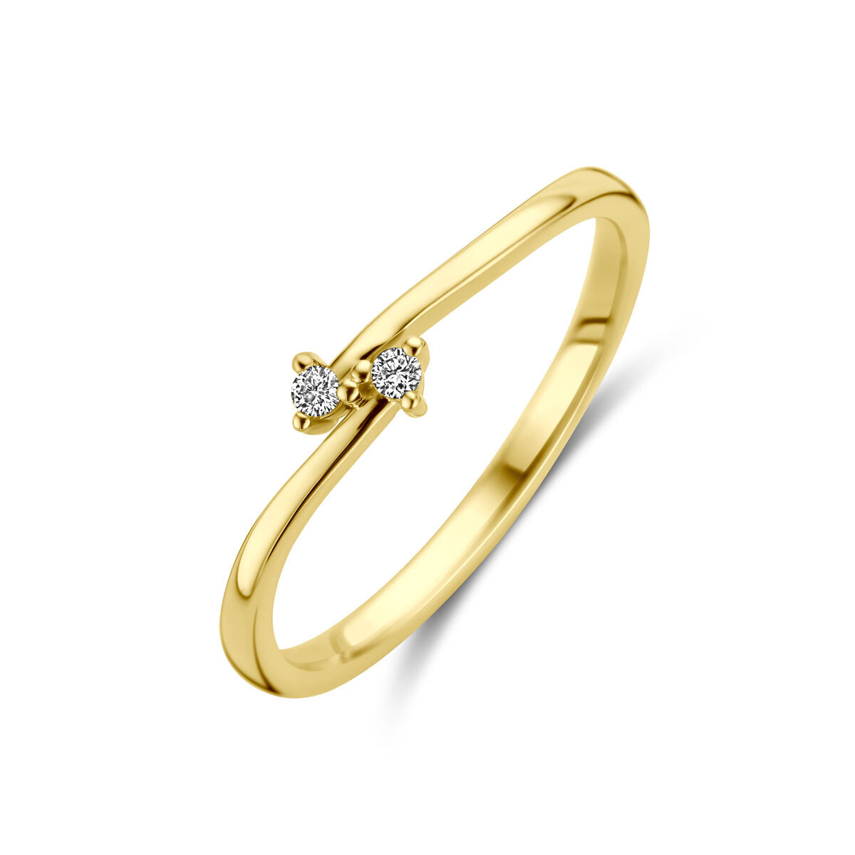 Anillo de oro amarillo de 14K con dos diamantes de 0.03 ct en engaste.