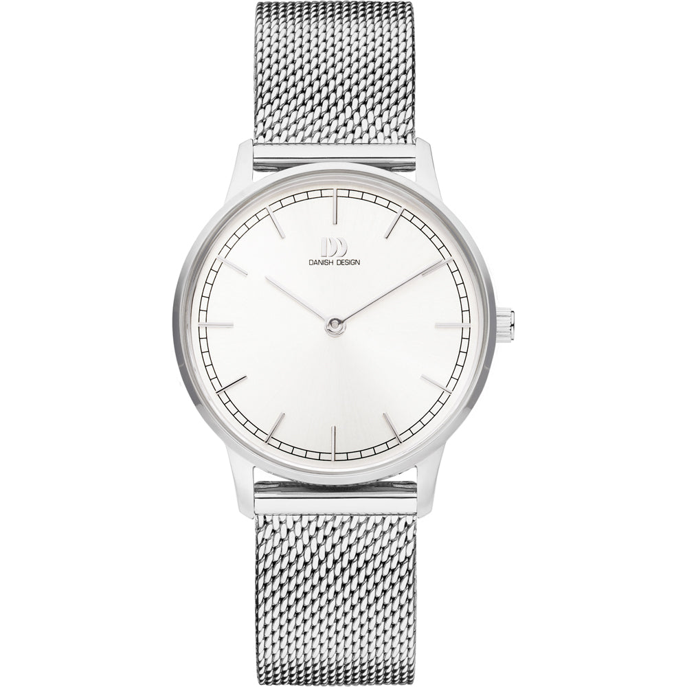 Reloj con esfera plateada y correa de malla de acero inoxidable.