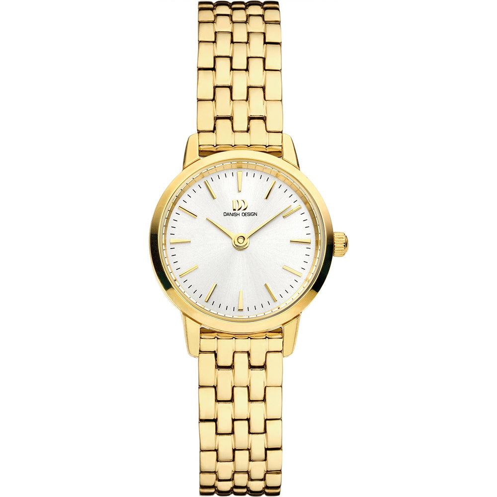 Reloj de esfera blanca con correa de malla dorada y detalles en dorado.