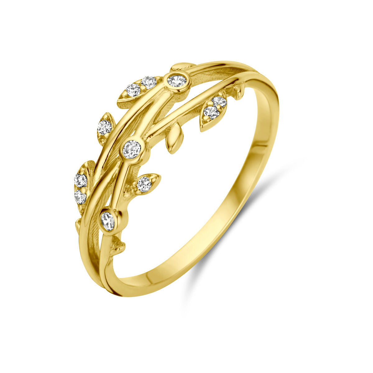Anillo de oro amarillo de 14K con diseño de hojas y circonitas brillantes.