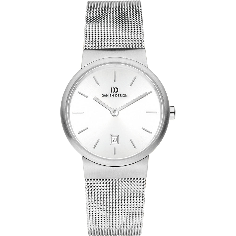 Reloj de acero inoxidable con esfera plateada, correa de malla y fecha en la parte inferior.