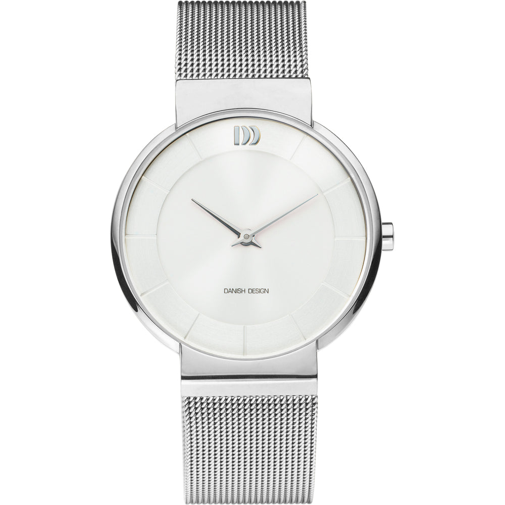 Reloj de esfera plateada con malla de acero inoxidable y detalles minimalistas.