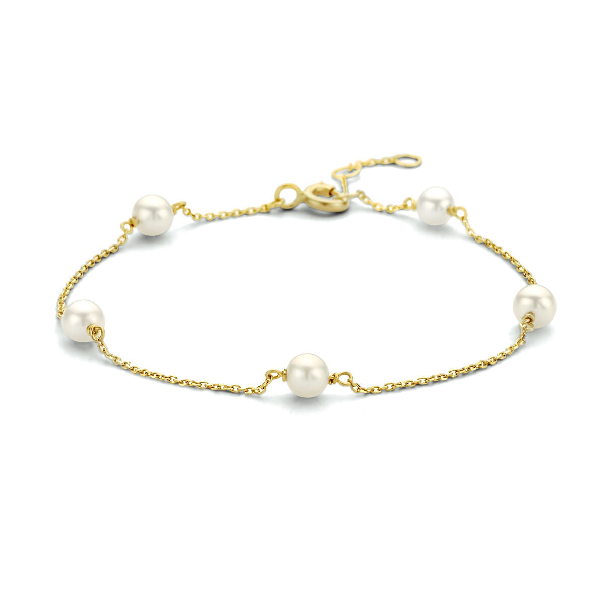 Pulsera dorada de 14K con perlas blancas y cadena delicada.