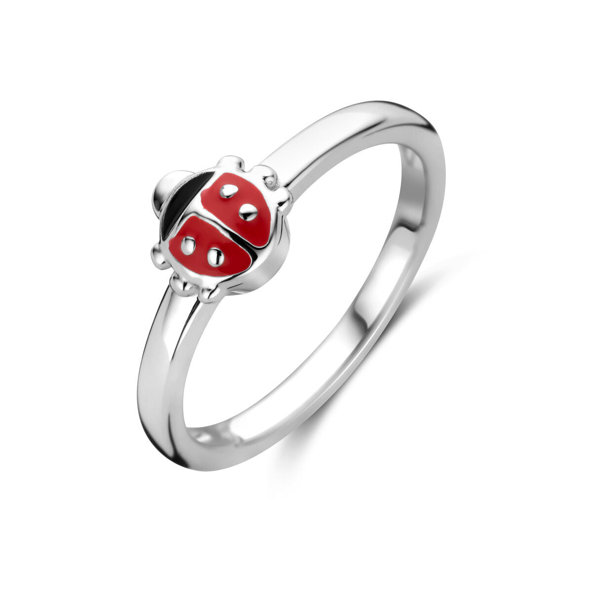 Anillo de plata rodiada con diseño de mariquita roja y detalles brillantes.