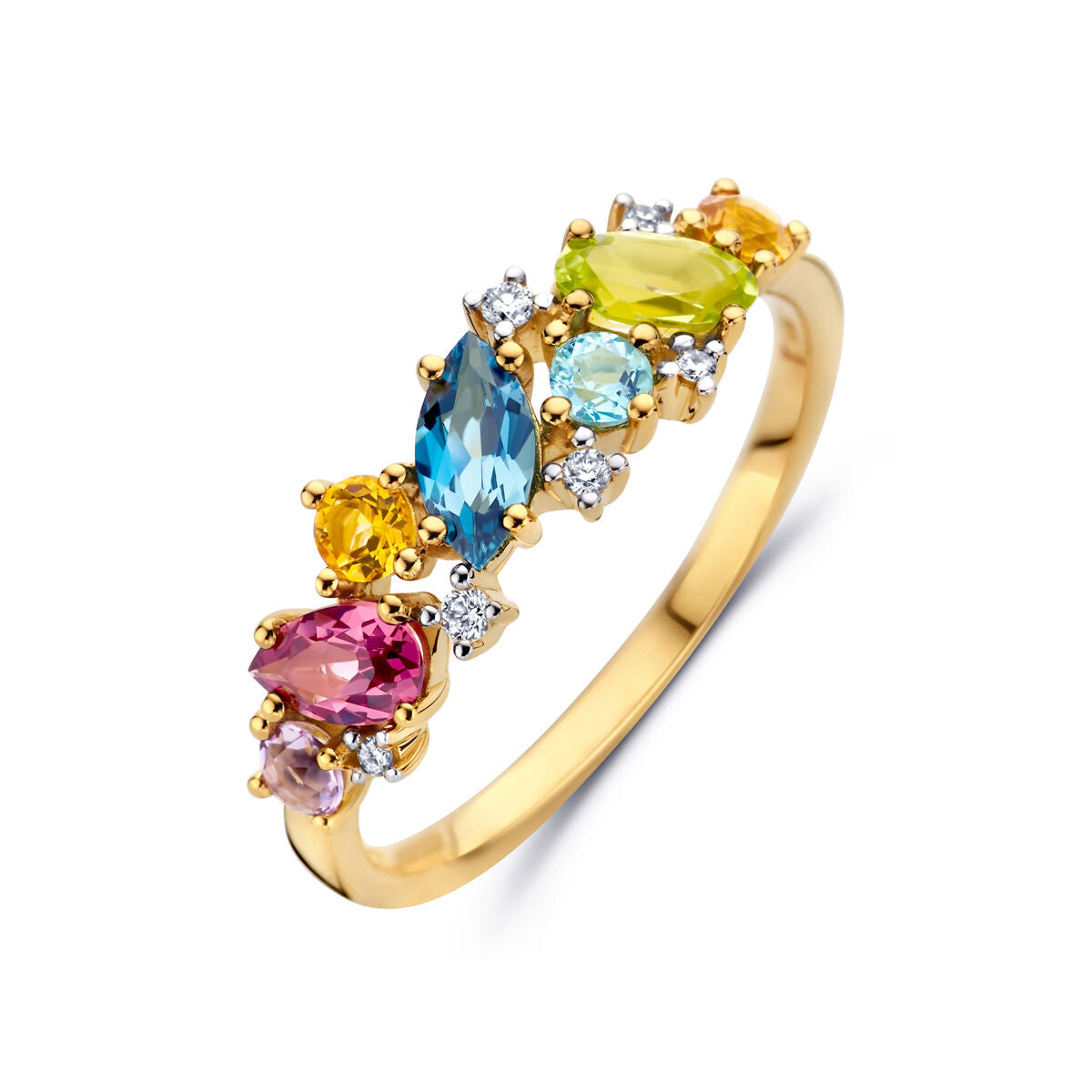 Anillo de oro amarillo de 14K con piedras preciosas de colores naturales y diamantes de 0.04ct.