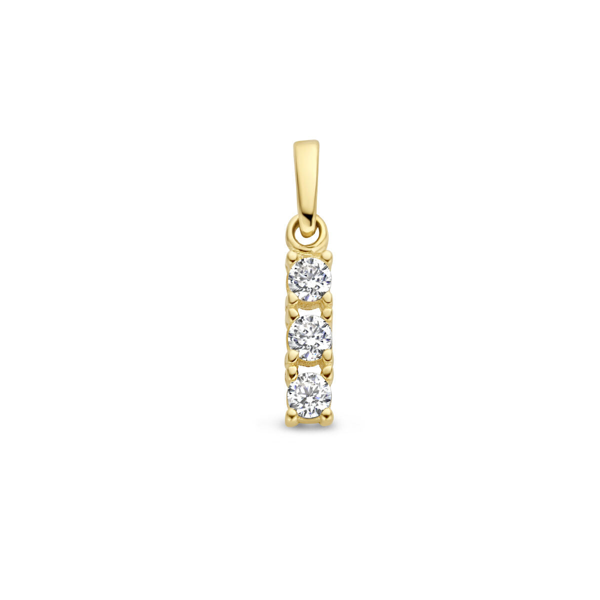 Colgante de oro amarillo de 14K con tres circonitas brillantes en línea.