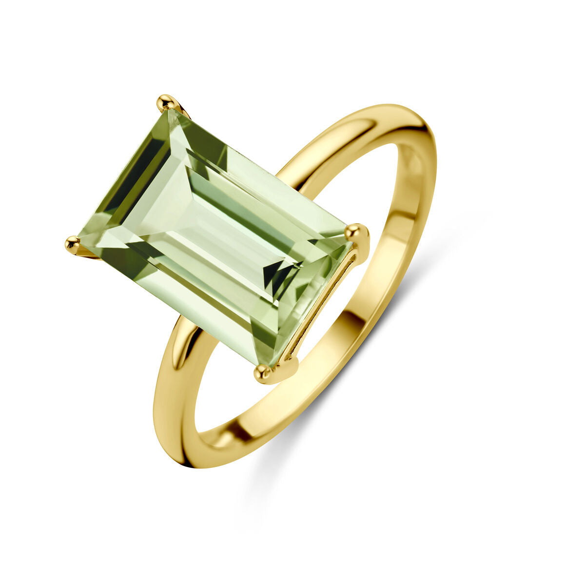 Anillo de oro amarillo de 14K con piedra verde de amatista en forma rectangular.