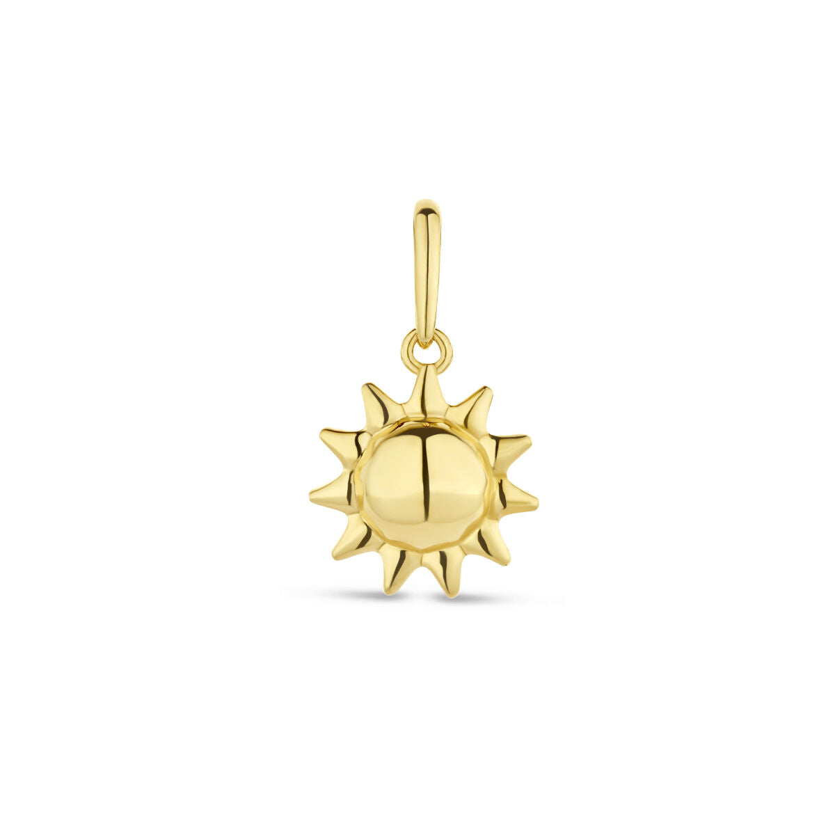 Colgante de sol en oro amarillo de 14 quilates con detalles en relieve.
